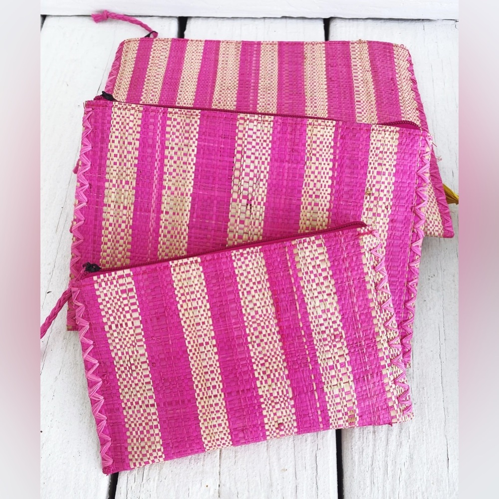 Set of Three Striped Raffia Nesting Pouches